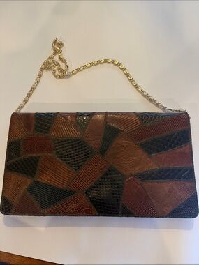 Vintage Patchwork Textured Leather Clutch with Gold Chain - Brown & Black